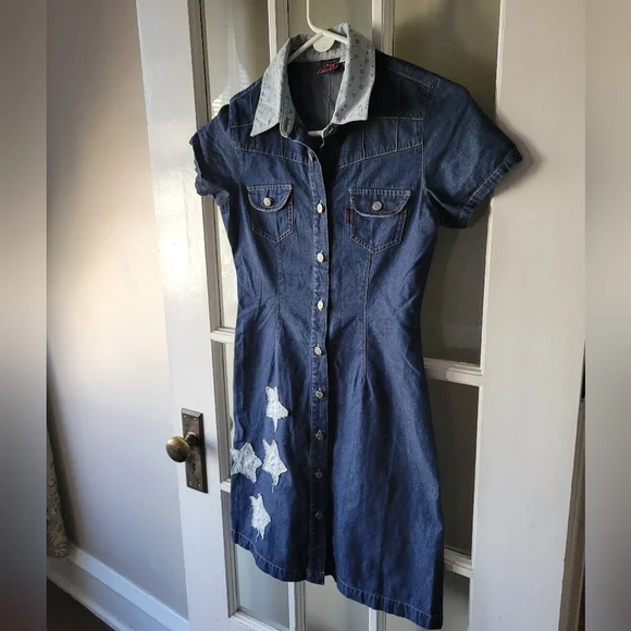 E & You Denim Mini Dress Size S Button Up Collard Short Sleeve Dress Y2K Western - Picture 3 of 11
